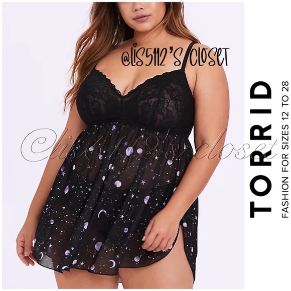 Torrid Black Lace & Galaxy Mesh Babydoll Chemise Lingerie Nightie 4X - Picture 2 of 15